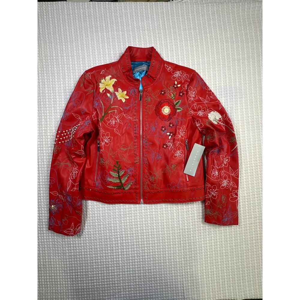 Bagatelle NYC Red Embroidered Moto Jacket NWT Studded Floral Boho Luxe Statement